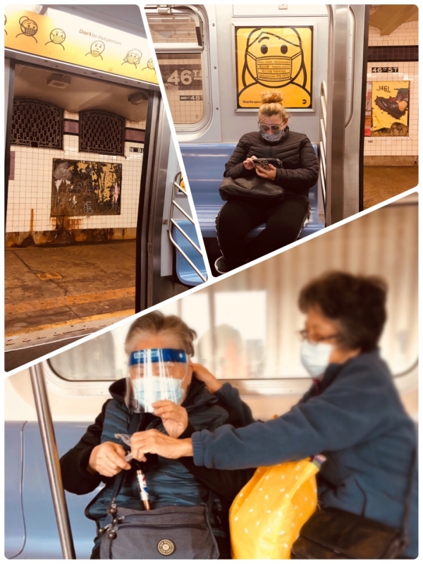 2021년 겨울 현재, 뉴욕의 지하철은 한 칸의 광고판이 모두 마스크 착용 픽토그램으로 채워져 있다. (오른, 왼쪽 위) 마스크를 쓴 어르신이 그 위에 얼굴 보호구까지 착용하고 대중교통을 이용하도록 돕는 모습.(아래)