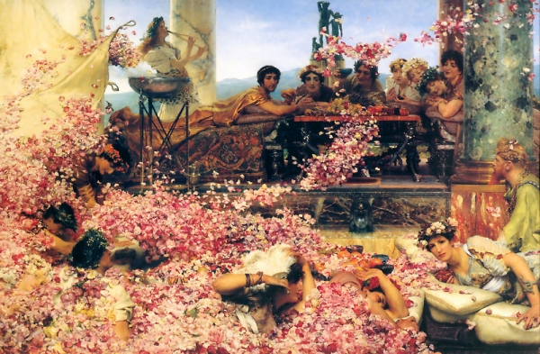 로렌스 앨마 태디마(Lawrence Alma-Tadema)의 '엘라가발루스의 장미', 19세기 후반. 엘라가발루스는 하늘에서 수천톤의 장미를 뿌려 여성노예들과 즐겼고 일부는 장미에 질식되어 죽었다는 전설로 유명하다.